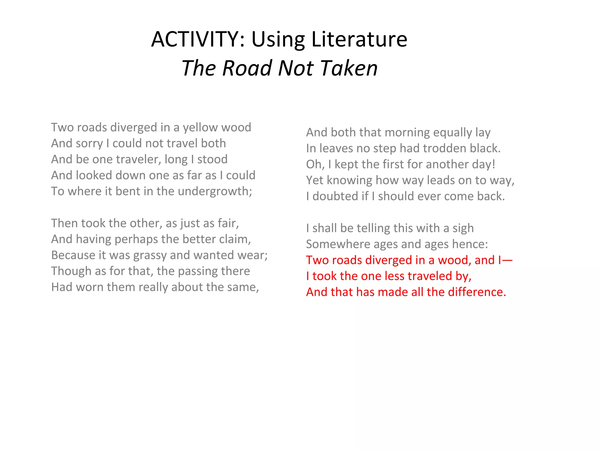 ACTIVITY: Using Literature
The Road Not Taken
Two roads diverged in a yellow wood
And sorry I could not travel both
And be one traveler, long I stood
And looked down one as far as I could
To where it bent in the undergrowth;
Then took the other, as just as fair,
And having perhaps the better claim,
Because it was grassy and wanted wear;
Though as for that, the passing there
Had worn them really about the same,
And both that morning equally lay
In leaves no step had trodden black.
Oh, I kept the first for another day!
Yet knowing how way leads on to way,
I doubted if I should ever come back.
I shall be telling this with a sigh
Somewhere ages and ages hence:
Two roads diverged in a wood, and I—
I took the one less traveled by,
And that has made all the difference.
Robert Frost
From The Poetry of Robert Frost, New York: Holt. 1969.
 