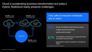 94% Share of enterprise clients that are using
multiple cloud environments
(public and/or private)
67% of enterprise customers are using more than
one public cloud provider
(expected to remain constant or increase by
2022)
Source: IBM MD&I; BCG and McKinsey research
Cloud is accelerating business transformation but today’s
Hybrid, Multicloud reality presents challenges.
Only 20% of enterprise workloads
are on cloud.
$640B in 2020
‘18-’20 CAGR -9%
$609B in 2020
‘18-’20 CAGR 18%
Traditional IT
$438B in 2020
‘18-’20 CAGR 15%
Public Clouds
& SaaS
Private
Clouds
Dedicated
Clouds
2IBM Cloud / © 2019 IBM Corporation
 
