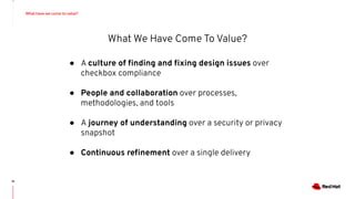 What have we come to value?
19
● A culture of ﬁnding and ﬁxing design issues over
checkbox compliance
● People and collaboration over processes,
methodologies, and tools
● A journey of understanding over a security or privacy
snapshot
● Continuous reﬁnement over a single delivery
What We Have Come To Value?
 