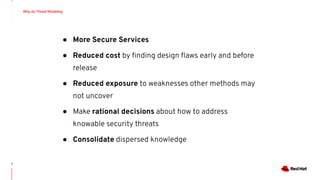 Why do Threat Modeling
7
● More Secure Services
● Reduced cost by ﬁnding design ﬂaws early and before
release
● Reduced exposure to weaknesses other methods may
not uncover
● Make rational decisions about how to address
knowable security threats
● Consolidate dispersed knowledge
 
