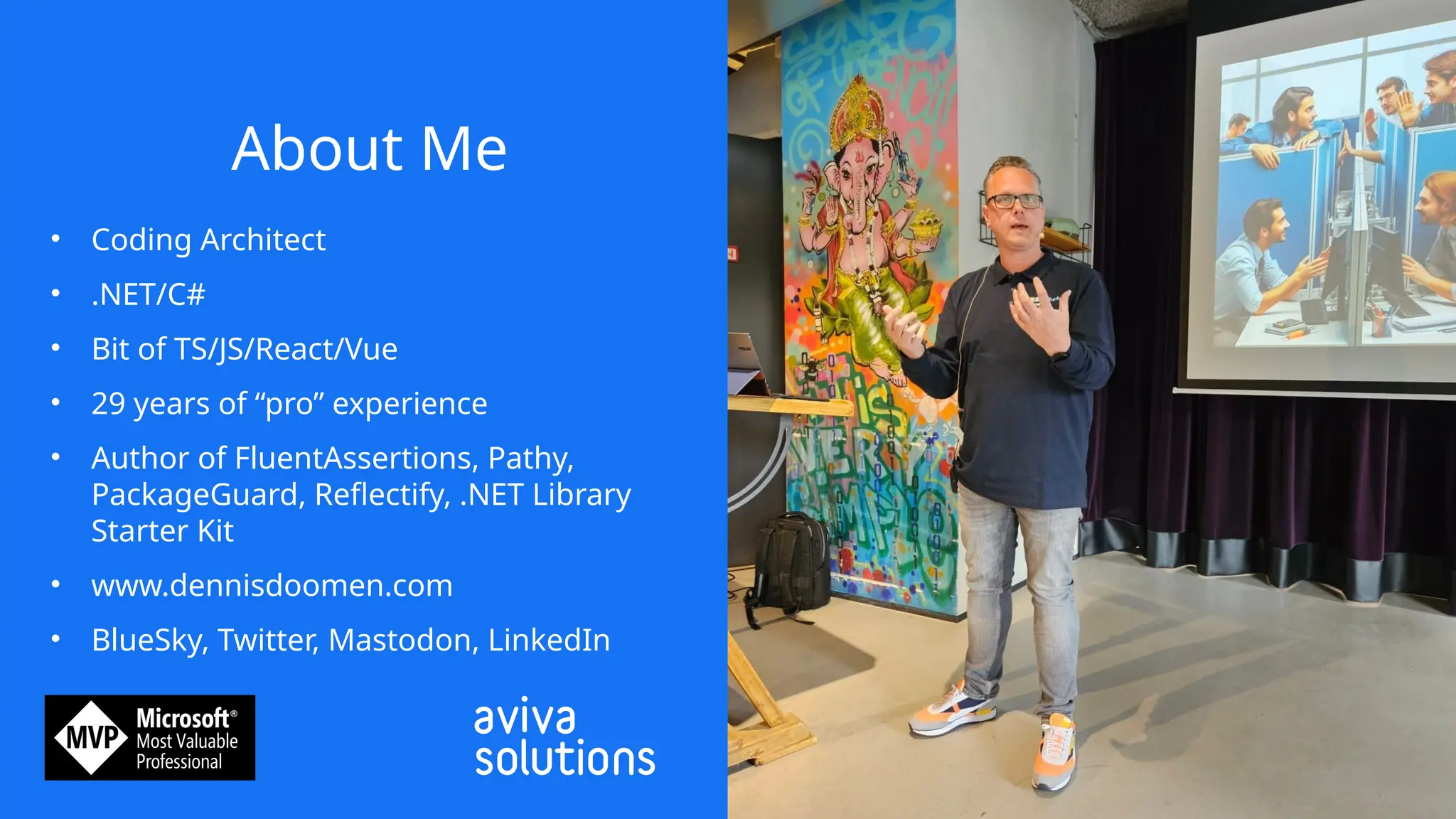 About Me
• Coding Architect
• .NET/C#
• Bit of TS/JS/React/Vue
• 29 years of “pro” experience
• Author of FluentAssertions, Pathy,
PackageGuard, Reflectify, .NET Library
Starter Kit
• www.dennisdoomen.com
• BlueSky, Twitter, Mastodon, LinkedIn
 