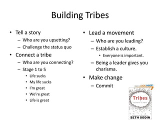 Building Tribes
• Tell a story                  • Lead a movement
   – Who are you upsetting?       – Who are you leading?...