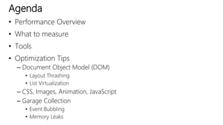 Agenda
• Performance Overview
• What to measure
• Tools
• Optimization Tips
– Document Object Model (DOM)
• Layout Thrashing
• List Virtualization
– CSS, Images, Animation, JavaScript
– Garage Collection
• Event Bubbling
• Memory Leaks
 