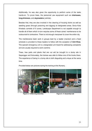 Additionally, he was also given the opportunity to perform some of the tasks
hands-on. To prune trees, the personnel use equipment such as chainsaws,
long-trimmers, and skymasters (vehicle).

Besides that, they are also involved in the cleaning of housing drains as well as
weeding grass (through poisoning and digging) at designated areas. Since Kota
Kinabalu consists of 9 zones, Landscape Department is not capable enough to
handle all of them which in-turn requires some of these zones’ maintenance to be
outsourced to contractors. There is not enough manpower to cover the entire city.

The maintenance team work in groups lead by a leader (mandur) and a fixed
schedule is provided to these leaders to follow with the exception of Unit Khas.
The special/ emergency unit is a designated unit meant for addressing complaints
and are usually required to work overtime.

Trees, tree parts and plants that are cut will be brought to a dump site in
Sepanggar and fortunately, the trainee was able to follow one of the trucks there.
The experience of being in a dump site is both disgusting and unique at the same
time.

Provided below are pictures during his training at the Nursery.




        Figure 4. 10 Morning assembly              Figure 4. 11 Assembly hall




                                                                                23
 