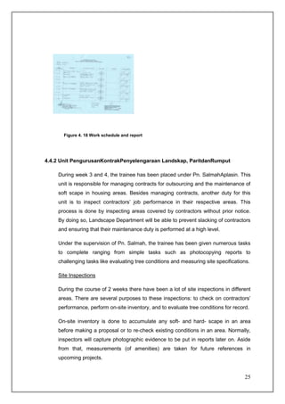Figure 4. 18 Work schedule and report




4.4.2 Unit PengurusanKontrakPenyelengaraan Landskap, ParitdanRumput

    During week 3 and 4, the trainee has been placed under Pn. SalmahAplasin. This
    unit is responsible for managing contracts for outsourcing and the maintenance of
    soft scape in housing areas. Besides managing contracts, another duty for this
    unit is to inspect contractors’ job performance in their respective areas. This
    process is done by inspecting areas covered by contractors without prior notice.
    By doing so, Landscape Department will be able to prevent slacking of contractors
    and ensuring that their maintenance duty is performed at a high level.

    Under the supervision of Pn. Salmah, the trainee has been given numerous tasks
    to complete ranging from simple tasks such as photocopying reports to
    challenging tasks like evaluating tree conditions and measuring site specifications.

    Site Inspections

    During the course of 2 weeks there have been a lot of site inspections in different
    areas. There are several purposes to these inspections: to check on contractors’
    performance, perform on-site inventory, and to evaluate tree conditions for record.

    On-site inventory is done to accumulate any soft- and hard- scape in an area
    before making a proposal or to re-check existing conditions in an area. Normally,
    inspectors will capture photographic evidence to be put in reports later on. Aside
    from that, measurements (of amenities) are taken for future references in
    upcoming projects.


                                                                                     25
 