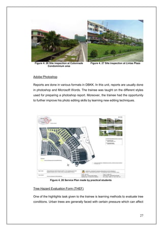 Figure 4. 26 Site inspection at Colonnade      Figure 4. 27 Site inspection at Lintas Plaza
            Condominium area



Adobe Photoshop

Reports are done in various formats in DBKK. In this unit, reports are usually done
in photoshop and Microsoft Words. The trainee was taught on the different styles
used for preparing a photoshop report. Moreover, the trainee had the opportunity
to further improve his photo editing skills by learning new editing techniques.




              Figure 4. 28 Service Plan made by practical students


Tree Hazard Evaluation Form (THEF)

One of the highlights task given to the trainee is learning methods to evaluate tree
conditions. Urban trees are generally faced with certain pressure which can affect



                                                                                           27
 