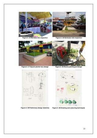 Figure 4. 35 Merdeka site inspection         Figure 4. 36 Sembulan site inspection




Figure 4. 37 Square planter box design         Figure 4. 38 Round planting pit design




Figure 4. 39 Preliminary design sketches   Figure 4. 40 Drawing and colouring techniques




                                                                                        33
 