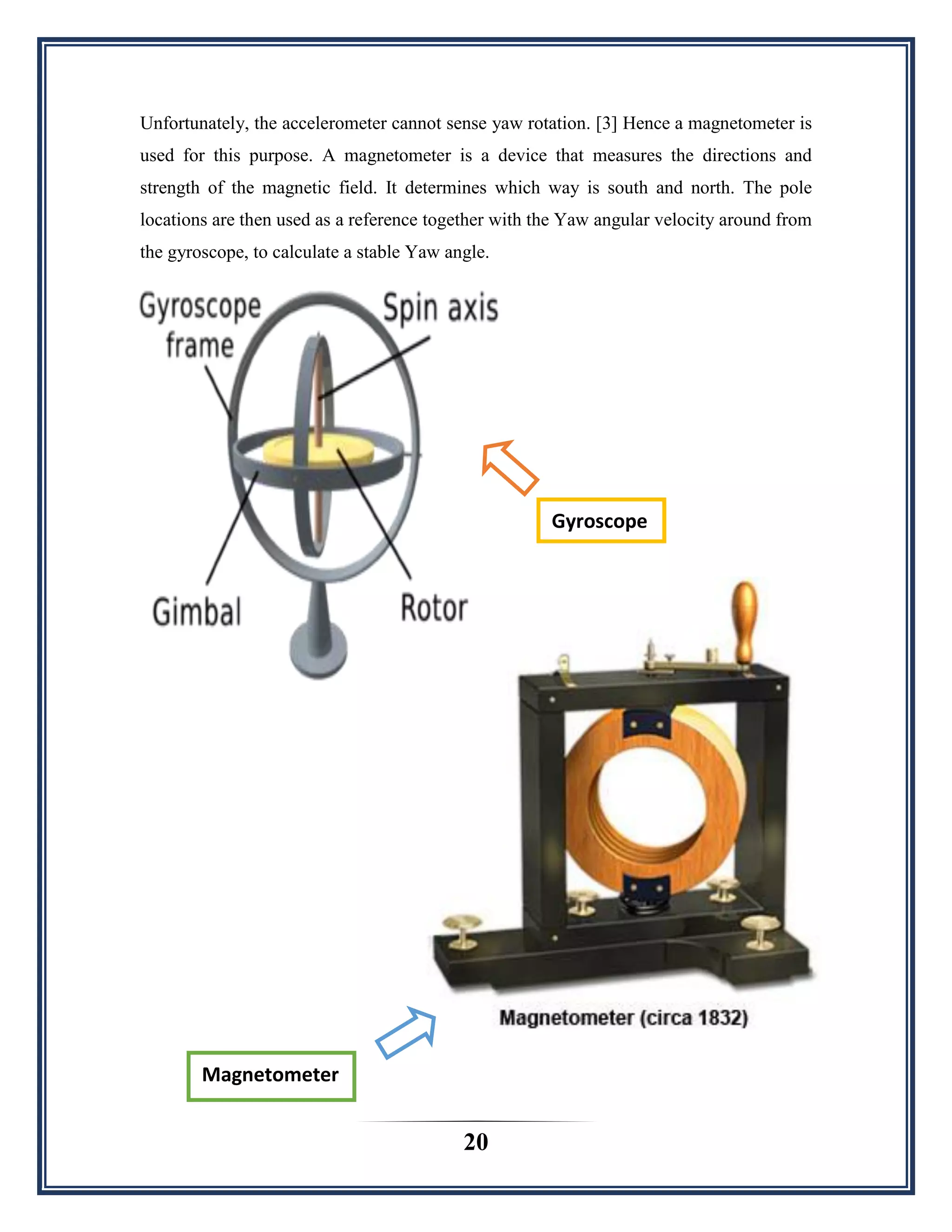 20
Unfortunately, the accelerometer cannot sense yaw rotation. [3] Hence a magnetometer is
used for this purpose. A magnetometer is a device that measures the directions and
strength of the magnetic field. It determines which way is south and north. The pole
locations are then used as a reference together with the Yaw angular velocity around from
the gyroscope, to calculate a stable Yaw angle.
Gyroscope
Magnetometer
 