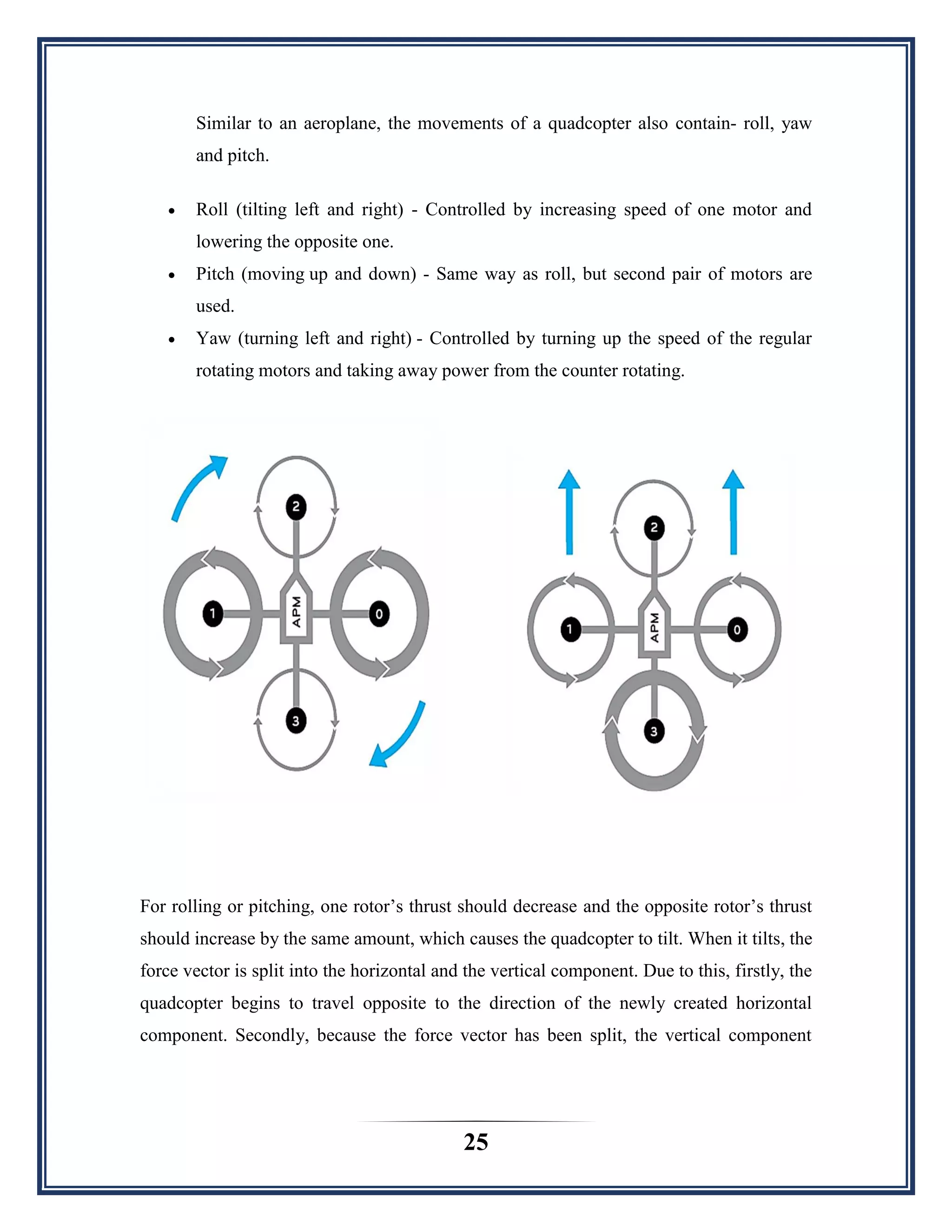 25
Similar to an aeroplane, the movements of a quadcopter also contain- roll, yaw
and pitch.
 Roll (tilting left and right) - Controlled by increasing speed of one motor and
lowering the opposite one.
 Pitch (moving up and down) - Same way as roll, but second pair of motors are
used.
 Yaw (turning left and right) - Controlled by turning up the speed of the regular
rotating motors and taking away power from the counter rotating.
For rolling or pitching, one rotor‟s thrust should decrease and the opposite rotor‟s thrust
should increase by the same amount, which causes the quadcopter to tilt. When it tilts, the
force vector is split into the horizontal and the vertical component. Due to this, firstly, the
quadcopter begins to travel opposite to the direction of the newly created horizontal
component. Secondly, because the force vector has been split, the vertical component
 