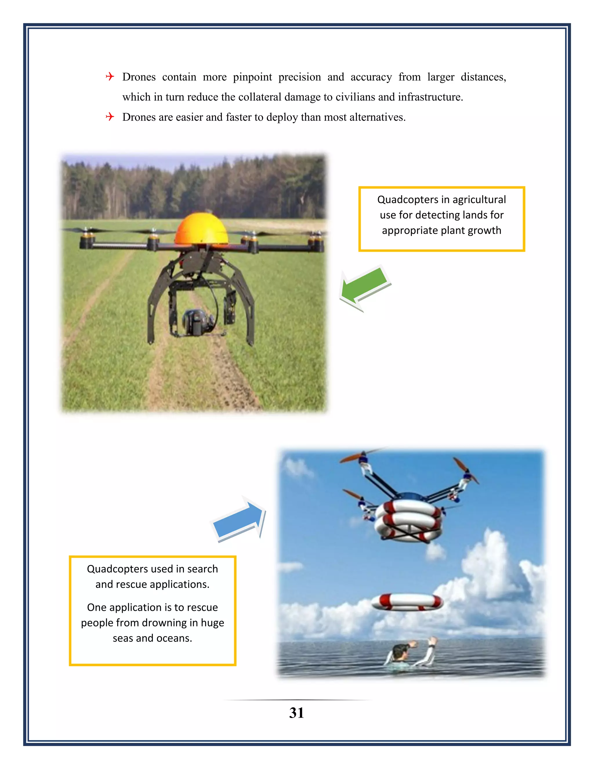 31
 Drones contain more pinpoint precision and accuracy from larger distances,
which in turn reduce the collateral damage to civilians and infrastructure.
 Drones are easier and faster to deploy than most alternatives.
Quadcopters in agricultural
use for detecting lands for
appropriate plant growth
Quadcopters used in search
and rescue applications.
One application is to rescue
people from drowning in huge
seas and oceans.
 