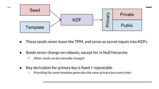 Key points:
● These seeds never leave the TPM, and serve as secret inputs into KDFs
● Seeds never change on reboots, except for in Null hierarchy
○ Other seeds can be manually changed
● Key derivation for primary key is ﬁxed + repeatable
○ Providing the same template generates the same primary key every time!
 