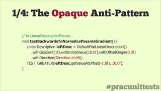 #pracunittests
// in LinearDescriptionFixture…
void testBackwardsToNormalLeftwardsGradient() {
LinearDescription leftDesc = DefaultFlatLinearDescription()
.withGradient(1f).withInitialValue(10.0f).withOffsetOrigin(0.0f)
.withDirection(Direction.eLeft);
TEST_GREATER(leftDesc.getValueAtOffset(-1.0f), 10.0f);
}
1/4: The Opaque Anti-Pattern
 