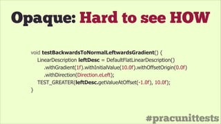#pracunittests
Opaque: Hard to see HOW
void testBackwardsToNormalLeftwardsGradient() {
LinearDescription leftDesc = DefaultFlatLinearDescription()
.withGradient(1f).withInitialValue(10.0f).withOffsetOrigin(0.0f)
.withDirection(Direction.eLeft);
TEST_GREATER(leftDesc.getValueAtOffset(-1.0f), 10.0f);
}
 