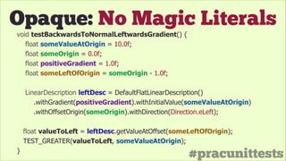 #pracunittests
Opaque: No Magic Literals
void testBackwardsToNormalLeftwardsGradient() {
float someValueAtOrigin = 10.0f;
float someOrigin = 0.0f;
float positiveGradient = 1.0f;
float someLeftOfOrigin = someOrigin - 1.0f;
!
LinearDescription leftDesc = DefaultFlatLinearDescription()
.withGradient(positiveGradient).withInitialValue(someValueAtOrigin)
.withOffsetOrigin(someOrigin).withDirection(Direction.eLeft);
float valueToLeft = leftDesc.getValueAtOffset(someLeftOfOrigin);
TEST_GREATER(valueToLeft, someValueAtOrigin);
}
 