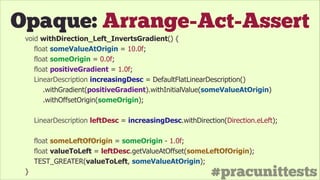 #pracunittests
Opaque: Arrange-Act-Assert
void withDirection_Left_InvertsGradient() {
float someValueAtOrigin = 10.0f;
float someOrigin = 0.0f;
float positiveGradient = 1.0f;
LinearDescription increasingDesc = DefaultFlatLinearDescription()
.withGradient(positiveGradient).withInitialValue(someValueAtOrigin)
.withOffsetOrigin(someOrigin);
!
LinearDescription leftDesc = increasingDesc.withDirection(Direction.eLeft);
!
float someLeftOfOrigin = someOrigin - 1.0f;
float valueToLeft = leftDesc.getValueAtOffset(someLeftOfOrigin);
TEST_GREATER(valueToLeft, someValueAtOrigin);
}
 