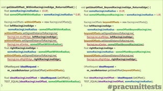 #pracunittests
void getIdealOffset_BeyondRacingLineEdge_ReturnsEdge() {
float someRacingLineRadius = 10.0f;
float someOffsetBeyondRacingLine = someRacingLineRadius + 1.0f;
!
RacingLineOffsets beyondOffsets = new RacingLineOffsets();
float leftRacingLineEdge =
-someRacingLineRadius - someOffsetBeyondRacingLine;
beyondOffsets.setSignedDistanceToRacingLine(
RacingLine.eLeftEdge, leftRacingLineEdge);
beyondOffsets.setSignedDistanceToRacingLine(
RacingLine.eCenter, -someOffsetBeyondRacingLine);
float rightRacingLineEdge =
someRacingLineRadius - someOffsetBeyondRacingLine;
beyondOffsets.setSignedDistanceToRacingLine(
RacingLine.eRightEdge, rightRacingLineEdge);
!
OffsetRequest idealRequest =
m_raceBehaviour.getIdealOffset(beyondOffsets);
!
float idealRacingLineOffset = idealRequest.GetOffset();
TEST_EQUAL(idealRacingLineOffset, someRacingLineRadius);
}
void getIdealOffset_WithinRacingLineEdge_ReturnsOffset() {
float someRacingLineRadius = 10.0f;
float someOffsetWithinRadius = someRacingLineRadius * 0.8f;
!
RacingLineOffsets withinOffsets = new RacingLineOffsets();
float leftRacingLineEdge =
-someRacingLineRadius - someOffsetWithinRadius;
withinOfffsets.setSignedDistanceToRacingLine(
RacingLine.eLeftEdge, leftRacingLineEdge);
withinOffsets.setSignedDistanceToRacingLine(
RacingLine.eCenter, -someOffsetWithinRadius);
float rightRacingLineEdge =
someRacingLineRadius - someOffsetWithinRadius;
withinOffsets.setSignedDistanceToRacingLine(
RacingLine.eRightEdge, rightRacingLineEdge);
!
OffsetRequest idealRequest =
m_raceBehaviour.getIdealOffset(withinOffsets);
!
float idealRacingLineOffset = idealRequest.GetOffset();
TEST_EQUAL(idealRacingLineOffset, someOffsetWithinRadius);
}
 