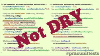 #pracunittests
void getIdealOffset_BeyondRacingLineEdge_ReturnsEdge() {
float someRacingLineRadius = 10.0f;
float someOffsetBeyondRacingLine = someRacingLineRadius + 1.0f;
!
RacingLineOffsets beyondOffsets = new RacingLineOffsets();
float leftRacingLineEdge =
-someRacingLineRadius - someOffsetBeyondRacingLine;
beyondOffsets.setSignedDistanceToRacingLine(
RacingLine.eLeftEdge, leftRacingLineEdge);
beyondOffsets.setSignedDistanceToRacingLine(
RacingLine.eCenter, -someOffsetBeyondRacingLine);
float rightRacingLineEdge =
someRacingLineRadius - someOffsetBeyondRacingLine;
beyondOffsets.setSignedDistanceToRacingLine(
RacingLine.eRightEdge, rightRacingLineEdge);
!
OffsetRequest idealRequest =
m_raceBehaviour.getIdealOffset(beyondOffsets);
!
float idealRacingLineOffset = idealRequest.GetOffset();
TEST_EQUAL(idealRacingLineOffset, someRacingLineRadius);
}
void getIdealOffset_WithinRacingLineEdge_ReturnsOffset() {
float someRacingLineRadius = 10.0f;
float someOffsetWithinRadius = someRacingLineRadius * 0.8f;
!
RacingLineOffsets withinOffsets = new RacingLineOffsets();
float leftRacingLineEdge =
-someRacingLineRadius - someOffsetWithinRadius;
withinOfffsets.setSignedDistanceToRacingLine(
RacingLine.eLeftEdge, leftRacingLineEdge);
withinOffsets.setSignedDistanceToRacingLine(
RacingLine.eCenter, -someOffsetWithinRadius);
float rightRacingLineEdge =
someRacingLineRadius - someOffsetWithinRadius;
withinOffsets.setSignedDistanceToRacingLine(
RacingLine.eRightEdge, rightRacingLineEdge);
!
OffsetRequest idealRequest =
m_raceBehaviour.getIdealOffset(withinOffsets);
!
float idealRacingLineOffset = idealRequest.GetOffset();
TEST_EQUAL(idealRacingLineOffset, someOffsetWithinRadius);
}
Not DRY
 