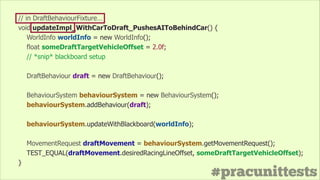 #pracunittests
// in DraftBehaviourFixture…
void updateImpl_WithCarToDraft_PushesAIToBehindCar() {
WorldInfo worldInfo = new WorldInfo();
float someDraftTargetVehicleOffset = 2.0f;
// *snip* blackboard setup
!
DraftBehaviour draft = new DraftBehaviour();
!
BehaviourSystem behaviourSystem = new BehaviourSystem();
behaviourSystem.addBehaviour(draft);
!
behaviourSystem.updateWithBlackboard(worldInfo);
!
MovementRequest draftMovement = behaviourSystem.getMovementRequest();
TEST_EQUAL(draftMovement.desiredRacingLineOffset, someDraftTargetVehicleOffset);
}
 
