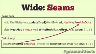 #pracunittests
Wide: Seams
void DraftBehaviour.updateImpl(WorldInfo wi, HeatMap heatInOut);
class HeatMap { virtual void WriteHeat(float offset, float value) { … } }
class MockHeatMap : HeatMap { override void WriteHeat(float offset, float value) { … } }
Game Code
Test Library
 