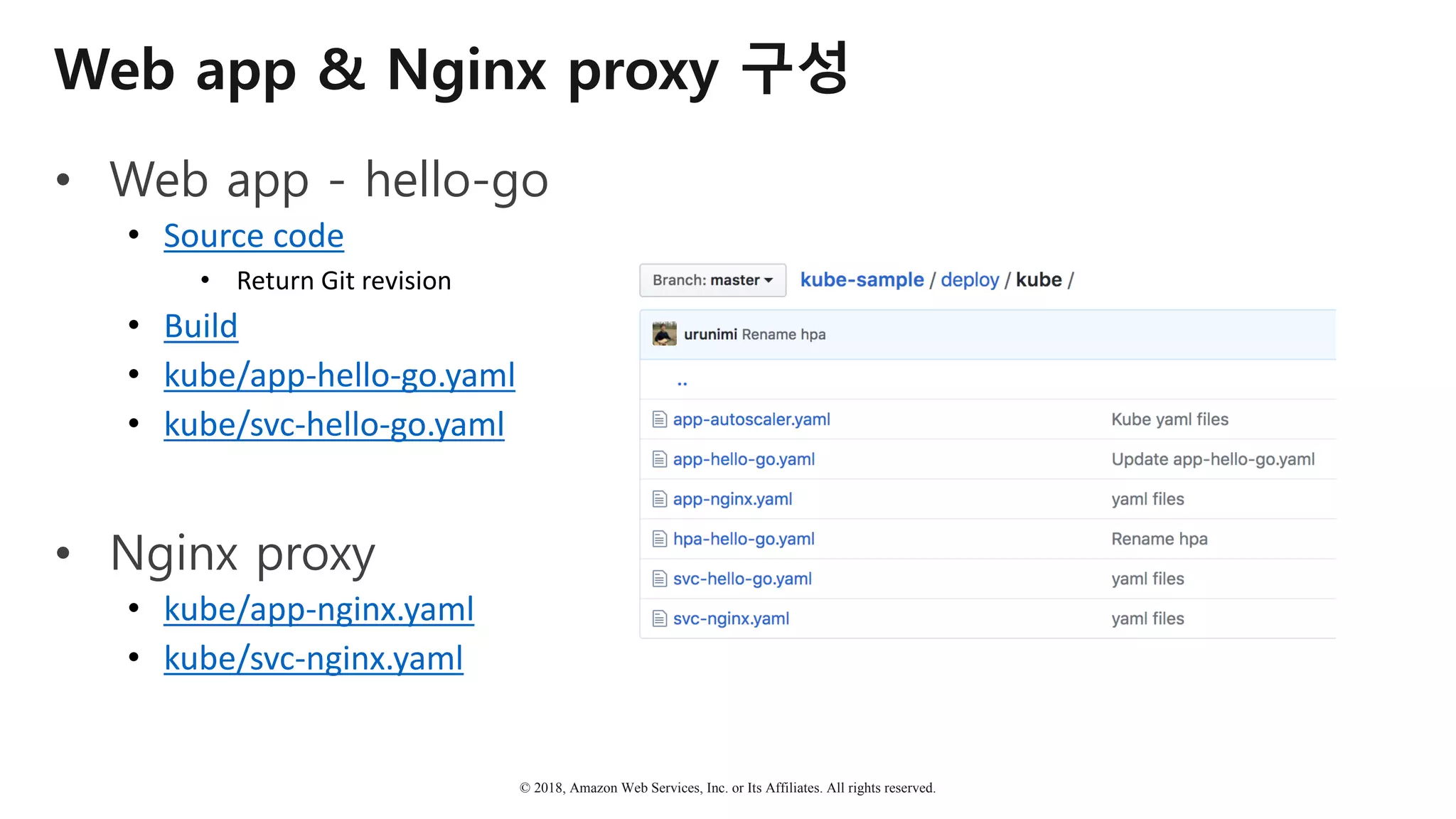 © 2018, Amazon Web Services, Inc. or Its Affiliates. All rights reserved.
Web app & Nginx proxy 구성
• Web app - hello-go
• Source	code
• Return	Git revision
• Build
• kube/app-hello-go.yaml
• kube/svc-hello-go.yaml
• Nginx proxy
• kube/app-nginx.yaml
• kube/svc-nginx.yaml
 