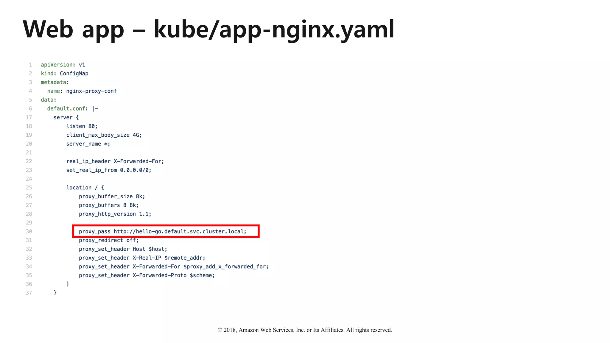 © 2018, Amazon Web Services, Inc. or Its Affiliates. All rights reserved.
Web app – kube/app-nginx.yaml
 