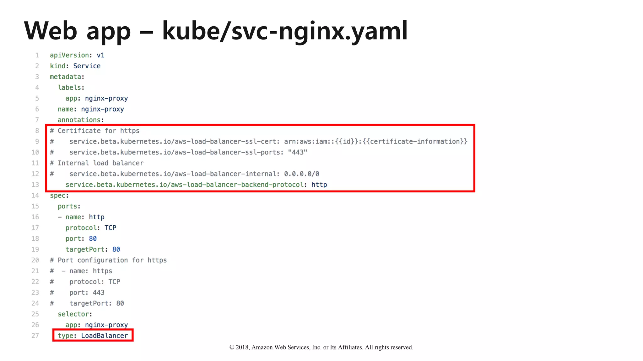 © 2018, Amazon Web Services, Inc. or Its Affiliates. All rights reserved.
Web app – kube/svc-nginx.yaml
 