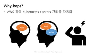 © 2018, Amazon Web Services, Inc. or Its Affiliates. All rights reserved.
Why kops?
• AWS 위에 Kubernetes clusters 관리를 자동화
AWS AWS
Kube
 