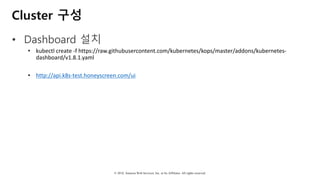 © 2018, Amazon Web Services, Inc. or Its Affiliates. All rights reserved.
Cluster 구성
• Dashboard 설치
• kubectl create	-f	https://raw.githubusercontent.com/kubernetes/kops/master/addons/kubernetes-
dashboard/v1.8.1.yaml
• http://api.k8s-test.honeyscreen.com/ui
 