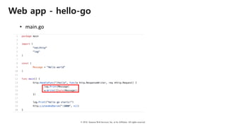 © 2018, Amazon Web Services, Inc. or Its Affiliates. All rights reserved.
Web app - hello-go
• main.go
 