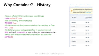 © 2018, Amazon Web Services, Inc. or Its Affiliates. All rights reserved.
Why Container? - History
#	Use	an	official	Python	runtime	as	a	parent	image
FROM python:2.7-slim
#	Set	the	working	directory	to	/app
WORKDIR /app
#	Copy	the	current	directory	contents	into	the	container	at	/app
ADD .	/app
#	Install	any	needed	packages	specified	in	requirements.txt
RUN	pip	install	--trusted-host pypi.python.org -r requirements.txt
#	Make	port	80	available	to	the	world	outside	this	container
EXPOSE 80
 