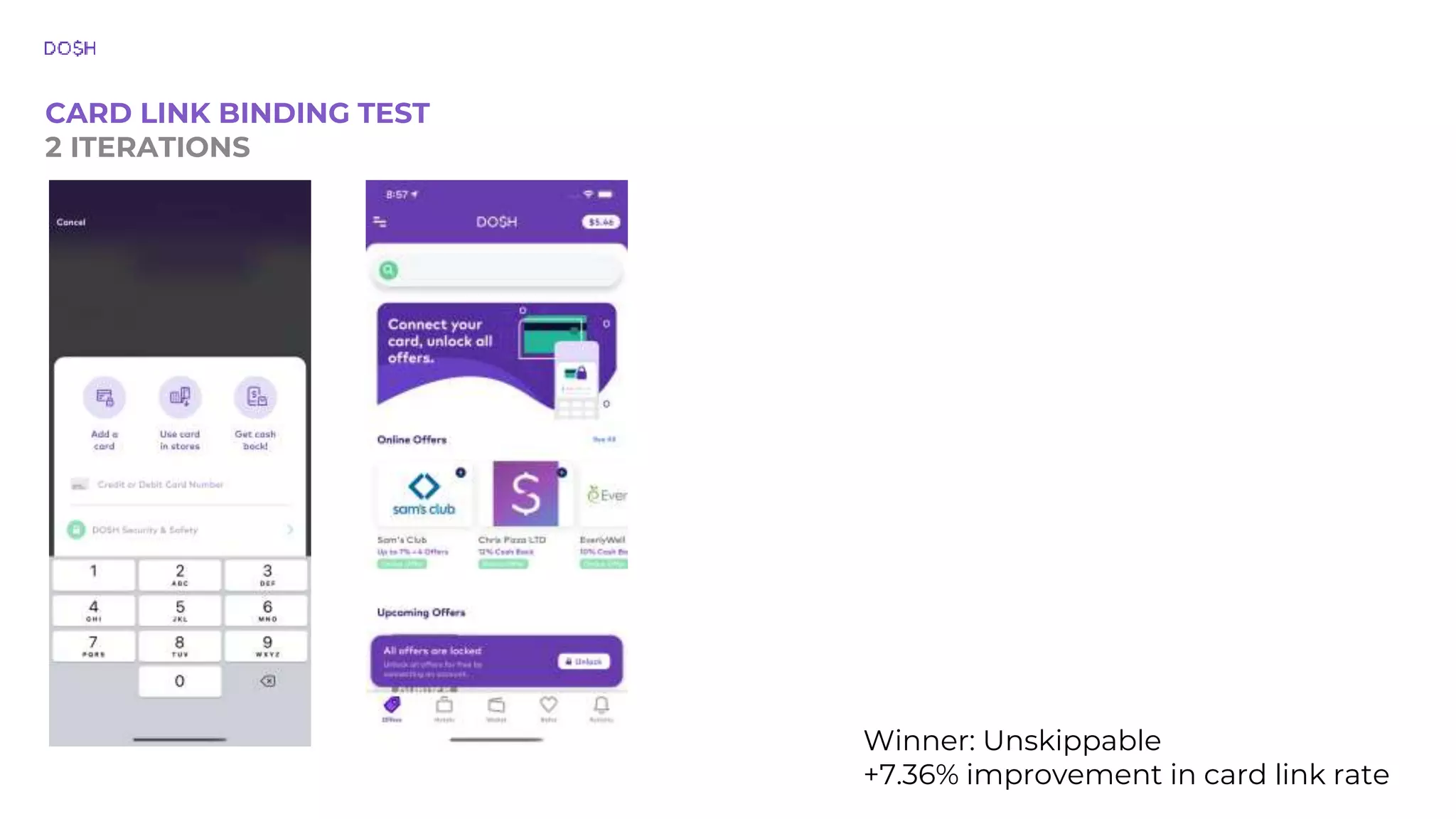 CARD LINK BINDING TEST 2 ITERATIONS Winner: Unskippable +7.36% improvement in card link rate 