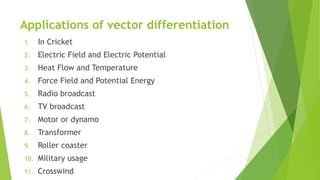 Applications of vector differentiation
1. In Cricket
2. Electric Field and Electric Potential
3. Heat Flow and Temperature
4. Force Field and Potential Energy
5. Radio broadcast
6. TV broadcast
7. Motor or dynamo
8. Transformer
9. Roller coaster
10. Military usage
11. Crosswind
 