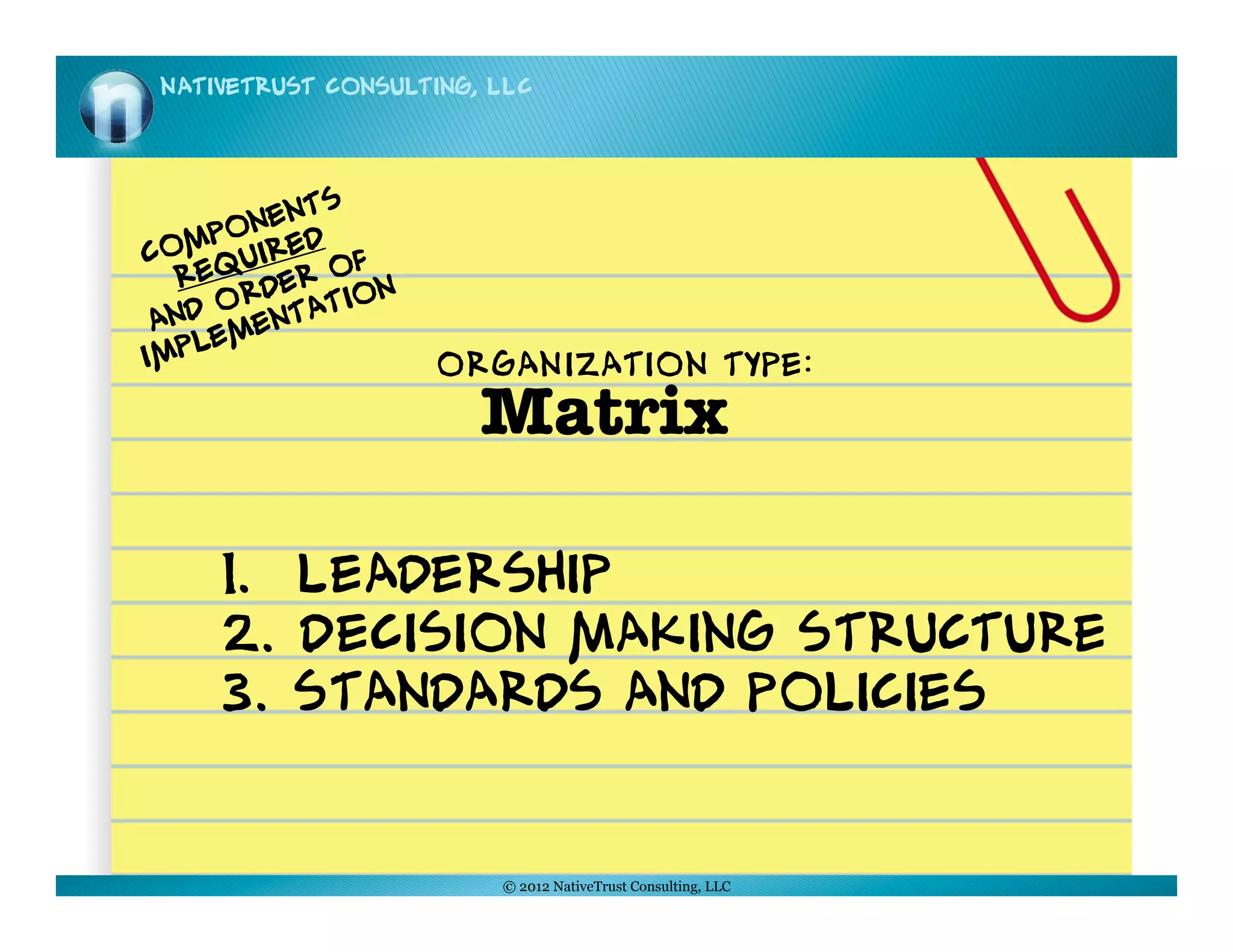 NativeTrust Consulting, LLC




             s
       n ent
   mpo ired
Co qu          f
  Re      e r o n
     Ord tatio
 and men
    le
Imp                  ORGANIZATION TYPE:
                        Matrix

     1.  Leadership
     2.  Decision making Structure
     3.  Standards and Policies


                         © 2012 NativeTrust Consulting, LLC
 