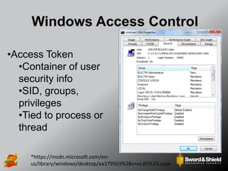 Windows Access Control
*https://msdn.microsoft.com/en-
us/library/windows/desktop/aa379563%28v=vs.85%29.aspx
•Access Token
•Container of user
security info
•SID, groups,
privileges
•Tied to process or
thread
 