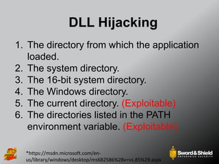 DLL Hijacking
1. The directory from which the application
loaded.
2. The system directory.
3. The 16-bit system directory.
4. The Windows directory.
5. The current directory. (Exploitable)
6. The directories listed in the PATH
environment variable. (Exploitable)
*https://msdn.microsoft.com/en-
us/library/windows/desktop/ms682586%28v=vs.85%29.aspx
 