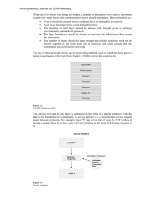 4 Practical Wireless, Ethernet and TCP/IP Networking 
When the OSI model was being developed, a number of principles were used to determine 
exactly how many layers this communication model should encompass. These principles are: 
• A layer should be created where a different level of abstraction is required 
• Each layer should perform a well-defined function 
• The function of each layer should be chosen with thought given to defining 
internationally standardized protocols 
• The layer boundaries should be chosen to minimize the information flow across 
the boundaries 
• The number of layers should be large enough that distinct functions need not be 
thrown together in the same layer out of necessity and small enough that the 
architecture does not become unwieldy 
The use of these principles led to seven layers being defined, each of which has been given a 
name in accordance with its purpose. Figure 1.3 below shows the seven layers. 
Figure 1.3 
The OSI reference model 
The service provided by any layer is expressed in the form of a service primitive with the 
data to be transferred as a parameter. A service primitive is a fundamental service request 
made between protocols. For example, layer W may sit on top of layer X. If W wishes to 
invoke a service from X, it may issue a service primitive in the form of X.Connect.request to 
X. 
Figure 1.4 
Service primitive 
 