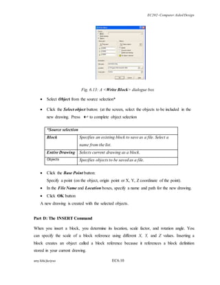 EC202- Computer Aided Design 
Fig. 6.13: A <Write Block> dialogue box 
 Select Object from the source selection* 
 Click the Select object button: (at the screen, select the objects to be included in the 
new drawing. Press to complete object selection 
*Source selection 
Block 
Specifies an existing block to save as a file. Select a 
name from the list. 
Entire Drawing Selects current drawing as a block. 
Objects Specifies objects to be saved as a file. 
 Click the Base Point button: 
Specify a point (on the object, origin point or X, Y, Z coordinate of the point). 
 In the File Name and Location boxes, specify a name and path for the new drawing. 
 Click OK button 
A new drawing is created with the selected objects. 
Part D: The INSERT Command 
When you insert a block, you determine its location, scale factor, and rotation angle. You 
can specify the scale of a block reference using different X, Y, and Z values. Inserting a 
block creates an object called a block reference because it references a block definition 
stored in your current drawing. 
amy/khk/jke/puo EC6.10 
 