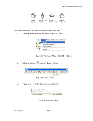 EC202- Computer Aided Design 
The Insert Commands can be started in one of these three ways: 
i. Selecting Block from the Pull-down Menu <INSERT> 
Fig. 6.14: Pull-Down Menu <INSERT> e Block 
ii. Selecting the icon from the <Draw> Toolbar 
Fig. 6.15: Draw Toolbar 
iii. Typing insert at the Keyboard and press [Enter] 
Fig. 6.16: Keyboard Entry 
amy/khk/jke/puo EC6.11 
 