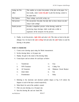 EC202- Computer Aided Design 
Setting the Plot 
offset 
This enables us to select the position of the plot on the paper. For 
best results, select 'centre the plot' to plot the drawing central to 
the paper sheet. 
Plot Options These settings can be left as they are. 
Full preview 
We can preview the print, but only after we have chosen our plot 
setup in 'plot settings'. 
Partial preview 
Provides a simplified preview of the drawing, useful for 
previewing large drawings which would take a while to 
regenerate all the viewports for the preview. 
6. Finally, to exit the preview, right click and select exit. This takes us back to the plot 
dialogue box. Go back to the 'plot settings' tab and select the 'plot' button to send the 
drawing to the printer. 
PART F: EXERCISE 
1. Create a new drawing space using the Metric measurement. 
2. Set the drawing limits to A4 paper size. 
3. Display the grid to the extent of the drawing limits. 
4. Create layers and set colours for each layer as below: 
i. Transformer 
ii. NPN Transistor 
iii. AC Generator 
iv. Zener diode 
v. Potentiometer 
amy/khk/jke/puo EC6.17 
vi. Fuse 
vii. Ceiling Fan 
viii. Miniature Circuit Breaker 
ix. Fan 
x. Relay 
5. Referring to the electronic and electrical symbols shapes at Fig. 6.18 redraw the 
diagram at each of the layer created respectively. 
6. Make block for each of the symbols created. 
7. Print out your drawing on a A4 paper size. 
8. Save the drawing file and exit AutoCAD. 
 