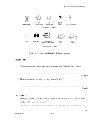 EC202- Computer Aided Design 
Fig 6.18: Electronic and Electrical Schematic symbols 
DISCUSSION : 
1. When you renamed a layer, what are the characters that AutoCAD won’t accept? 
………………………………………………………………………………………… 
………………………………………………………………………………………… 
2. How do you transfer an object in a layer to another layer? 
(2 Marks) 
………………………………………………………………………………………… 
………………………………………………………………………………………… 
QUESTION : 
(2 Marks) 
1. When you create Make Block for an object, what will happen if you give a name 
similar to the one already created? 
………………………………………………………………………………………… 
………………………………………………………………………………………… 
amy/khk/jke/puo EC6.15 
(1 Marks) 
 