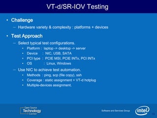 VT-d/SR-IOV Testing
• Challenge
   – Hardware variety & complexity : platforms + devices
• Test Approach
   – Select typical test configurations.
         •   Platform : laptop -> desktop -> server
         •   Device : NIC, USB, SATA
         •   PCI type : PCIE MSI, PCIE INTx, PCI INTx
         •   OS         : Linux, Windows
   –   Use NIC to achieve test automation.
         •   Methods : ping, scp (file copy), ssh
         •   Coverage : static assignment + VT-d hotplug
         •   Multiple-devices assignment.




                                                           Software and Services Group
                                                                                         18
                                                                                         18
 