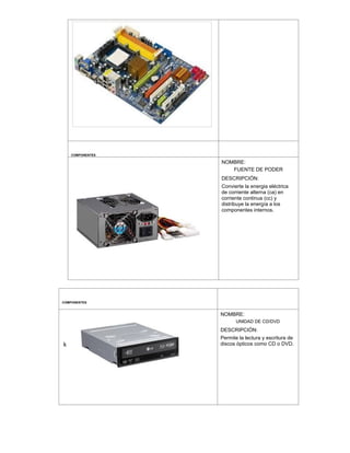 COMPONENTES
NOMBRE:
FUENTE DE PODER
DESCRIPCIÓN:
Convierte la energia eléctrica
de corriente alterna (ca) en
corriente continua (cc) y
distribuye la energía a los
componentes internos.
COMPONENTES
k
NOMBRE:
UNIDAD DE CD/DVD
DESCRIPCIÓN:
Permite la lectura y escritura de
discos ópticos como CD o DVD.
 