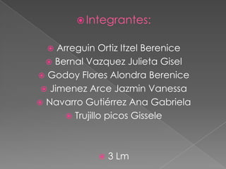 Integrantes:Arreguin Ortiz Itzel BereniceBernal Vazquez Julieta GiselGodoy Flores Alondra BereniceJimenez Arce Jazmin VanessaNavarro Gutiérrez Ana GabrielaTrujillo picos Gissele3 Lm