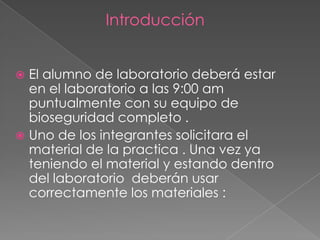 Introducción El alumno de laboratorio deberá estar en el laboratorio a las 9:00 am puntualmente con su equipo de bioseguridad completo .Uno de los integrantes solicitara el material de la practica . Una vez ya teniendo el material y estando dentro del laboratorio deberán usar correctamente los materiales :