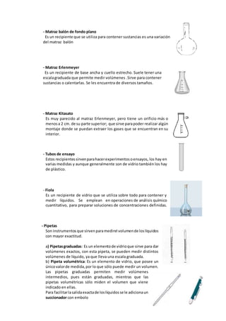 - Matraz balón de fondo plano
Es un recipiente que se utiliza para contener sustancias es una variación
del matraz balón
- Matraz Erlenmeyer
Es un recipiente de base ancha y cuello estrecho. Suele tener una
escalagraduada que permite medir volúmenes .Sirve para contener
sustancias o calentarlas. Se les encuentra de diversos tamaños.
- Matraz Kitasato
Es muy parecido al matraz Erlenmeyer, pero tiene un orificio más o
menosa 2 cm. de su parte superior; que sirve parapoder realizar algún
montaje donde se puedan extraer los gases que se encuentran en su
interior.
- Tubos de ensayo
Estos recipientessirvenparahacerexperimentosoensayos, los hay en
varias medidas y aunque generalmente son de vidrio también los hay
de plástico.
- Fiola
Es un recipiente de vidrio que se utiliza sobre todo para contener y
medir líquidos. Se emplean en operaciones de análisis químico
cuantitativo, para preparar soluciones de concentraciones definidas.
- Pipetas
Son instrumentos que sirvenparamedirel volumende loslíquidos
con mayor exactitud.
a) Pipetasgraduadas: Es un elementode vidrioque sirve para dar
volúmenes exactos, con esta pipeta, se pueden medir distintos
volúmenes de líquido, ya que lleva una escala graduada.
b) Pipeta volumétrica: Es un elemento de vidrio, que posee un
únicovalorde medida,por lo que sólo puede medir un volumen.
Las pipetas graduadas permiten medir volúmenes
intermedios, pues están graduadas, mientras que las
pipetas volumétricas sólo miden el volumen que viene
indicado en ellas.
Para facilitarlasalidaexactade loslíquidosse le adicionaun
succionador con embolo
 