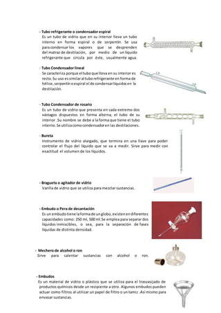 - Tubo refrigerante o condensador espiral
Es un tubo de vidrio que en su interior lleva un tubo
interno en forma espiral o de serpentín. Se usa
para condensar los vapores que se desprenden
del matraz de destilación, por medio de un líquido
refrigerante que circula por éste, usualmente agua.
- Tubo Condensador lineal
Se caracteriza porque el tuboque lleva en su interior es
recto. Su uso essimilaral tuborefrigerante en forma de
hélice,serpentín oespiral el de condensarlíquidosen la
destilación.
- Tubo Condensador de rosario
Es un tubo de vidrio que presenta en cada extremo dos
vástagos dispuestos en forma alterna; el tubo de su
interior .Su nombre se debe a la forma que tiene el tubo
interno. Se utilizacomocondensadoren las destilaciones.
- Bureta
Instrumento de vidrio alargado, que termina en una llave para poder
controlar el flujo del líquido que se va a medir. Sirve para medir con
exactitud el volumen de los líquidos.
- Bragueta o agitador de vidrio
Varilla de vidrio que se utiliza para mezclar sustancias.
- Embudo o Pera de decantación
Es un embudotiene laformade unglobo,existenendiferentes
capacidades como: 250 ml, 500 ml.Se emplea para separar dos
líquidos inmiscibles, o sea, para la separación de fases
líquidas de distinta densidad.
- Mechero de alcohol o ron
Sirve para calentar sustancias con alcohol o ron.
- Embudos
Es un material de vidrio o plástico que se utiliza para el trasvasijado de
productos químicos desde un recipiente a otro. Algunos embudos pueden
actuar como filtros al utilizar un papel de filtro o un tamiz .Así mismo para
envasar sustancias.
 