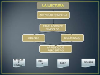 ACTIVIDAD COMPLEJA



                      ASIMILACION DE
                        SIMBOLOS


          GRAFIAS                      SIGNIFICADO


                          APRENDIZAJE
                          PERCEPTIVO


NIVELES
                ESCRIBI
   E                              LEER               PENSAR
                  R
HABLAR
 