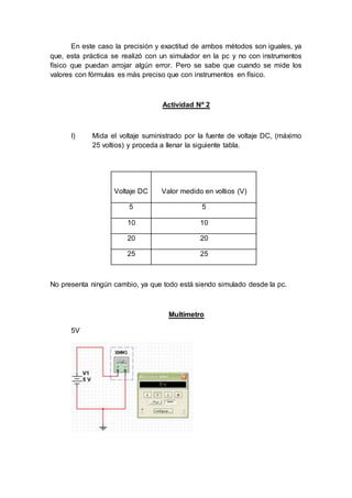 En este caso la precisión y exactitud de ambos métodos son iguales, ya
que, esta práctica se realizó con un simulador en la pc y no con instrumentos
físico que puedan arrojar algún error. Pero se sabe que cuando se mide los
valores con fórmulas es más preciso que con instrumentos en físico.
Actividad Nº 2
I) Mida el voltaje suministrado por la fuente de voltaje DC, (máximo
25 voltios) y proceda a llenar la siguiente tabla.
Voltaje DC Valor medido en voltios (V)
5 5
10 10
20 20
25 25
No presenta ningún cambio, ya que todo está siendo simulado desde la pc.
Multímetro
5V
 