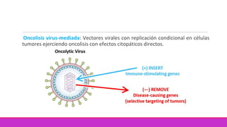 Oncolisis virus-mediada: Vectores virales con replicación condicional en células
tumores ejerciendo oncolisis con efectos citopáticos directos.
 