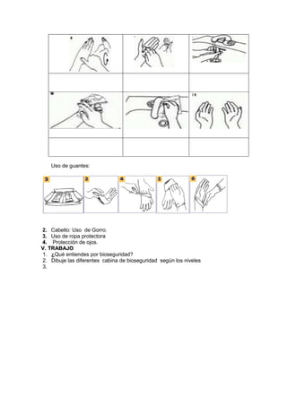 Uso de guantes:




2. Cabello: Uso de Gorro.
3. Uso de ropa protectora
4. Protección de ojos.
V. TRABAJO
1. ¿Qué entiendes por bioseguridad?
2. Dibuje las diferentes cabina de bioseguridad según los niveles
3.
 